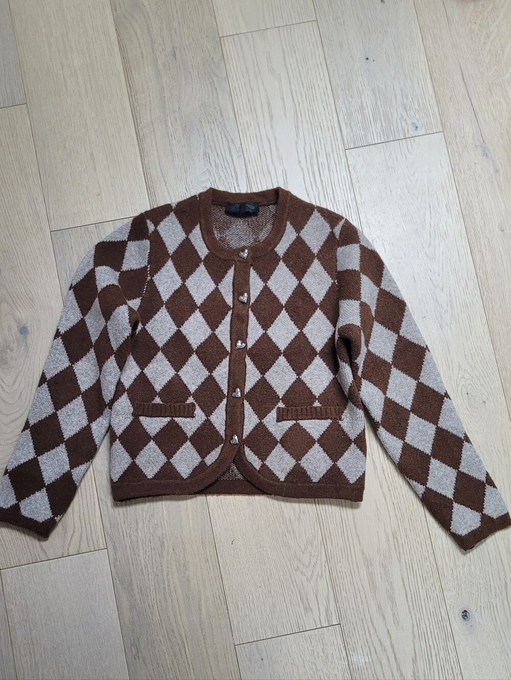 Argyle Knit Cardigan Sweater - Brown/Cream